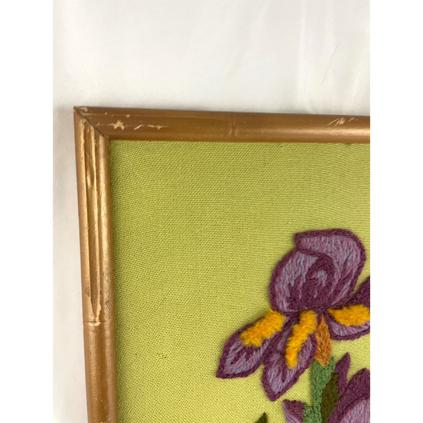 VTG Crewel Floral Iris Needlepoint Framed 70's Embroidered Wall Art 13"x34"