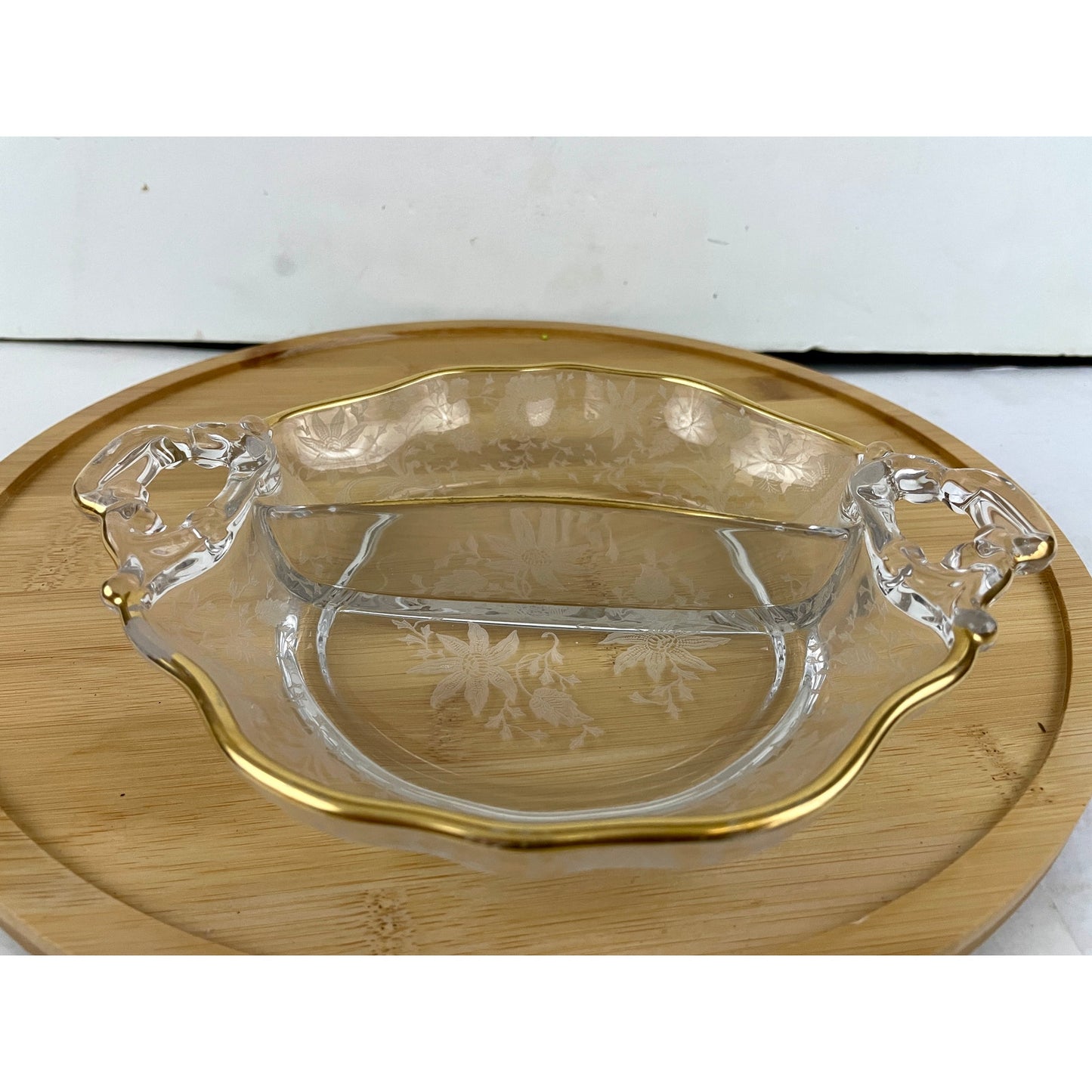 VTG Cambridge Divided Handled Relish Glass Dish Wildflower Clear Gold Trim