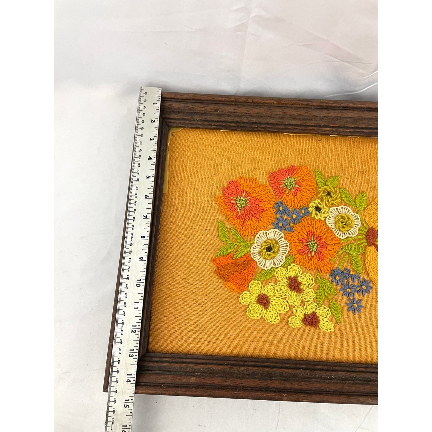 VTG Crewel Flowers Bouquet Needlecraft Embroidered Framed Wall Art 14.5"x18" 70s