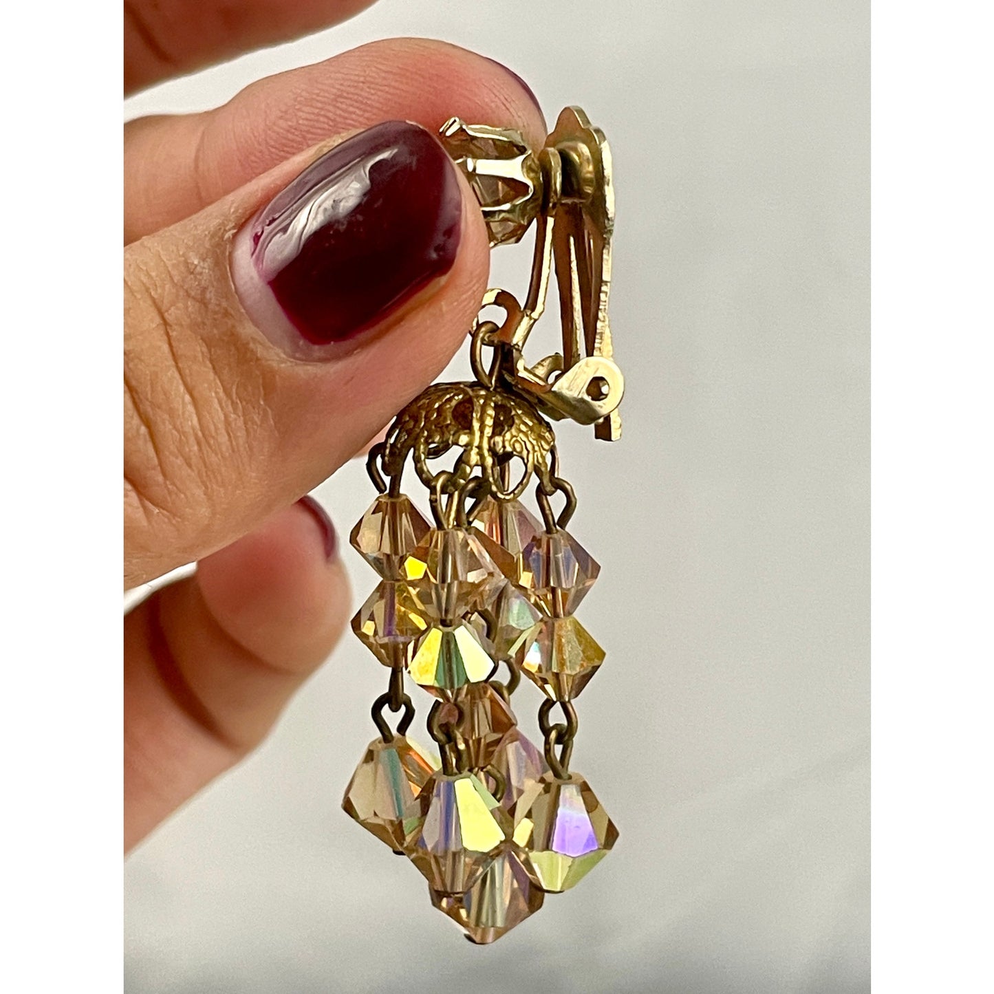 VTG Crystal Chandelier Clip On Earring Brown Iridescent Beaded Dangle 2" Long