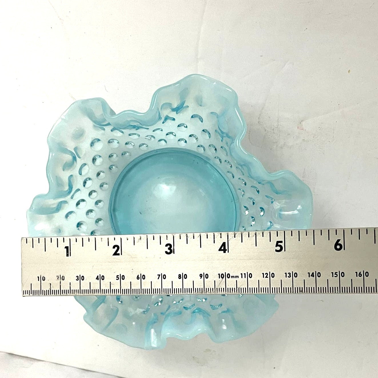 VTG Fenton Ruffled Blue Hobnail Glass Candy Dish Crimped Edges Home Decor