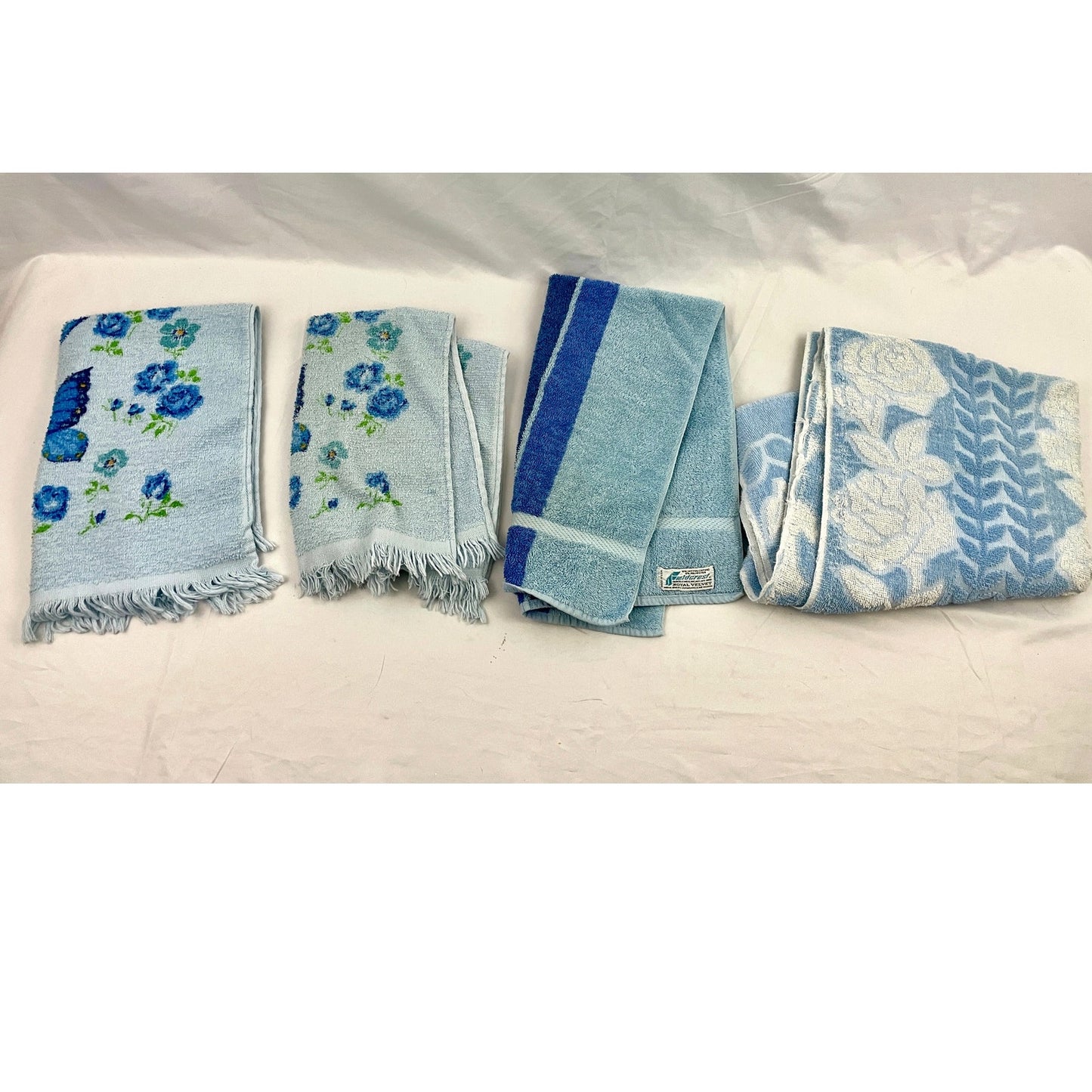 VTG Lot 4 Retro Floral Blue Hand Towels Dundee Fieldcrest 60s 70s Fringe