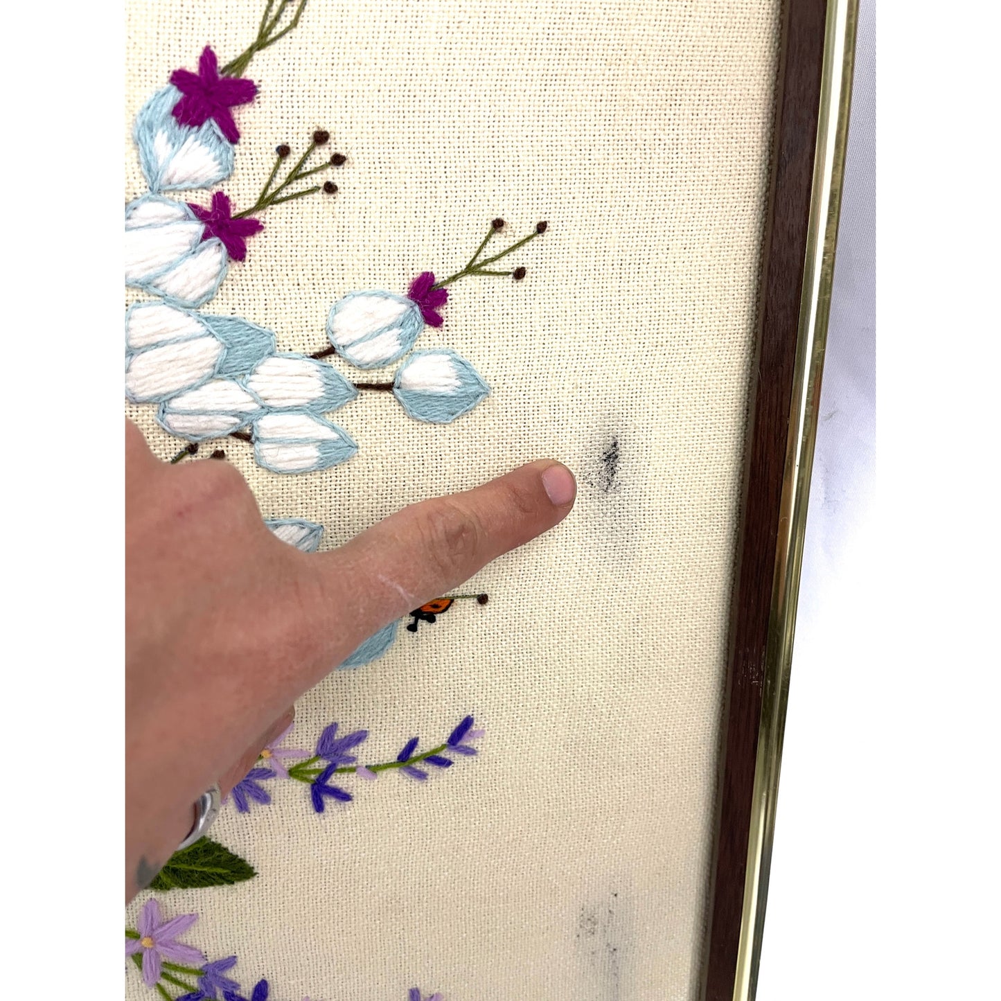 VTG Crewel Wildflowers Floral Embroidered Fiber Wall Art 16.5"x43" MCM 1970's