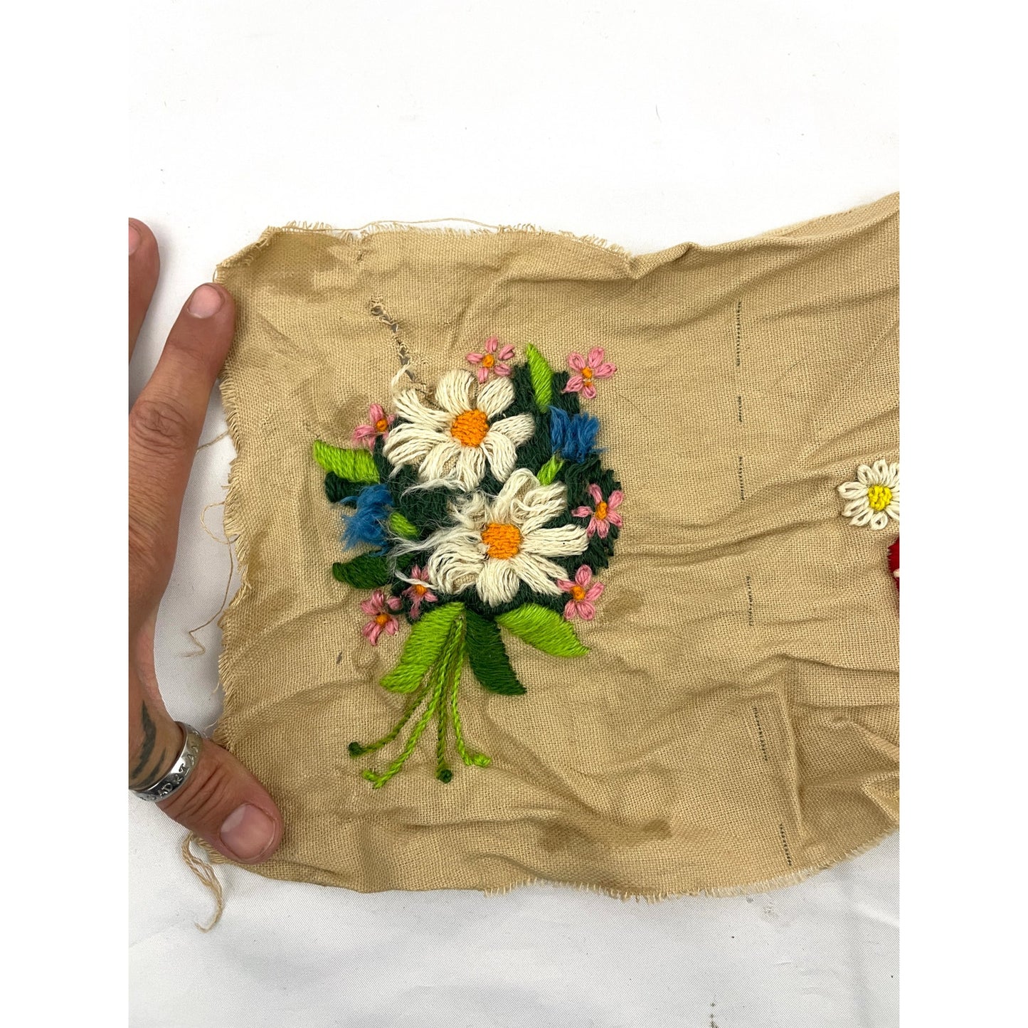 VTG Lot of 2 Crewel 1970's Embroidered Fiber Art Daisies Floral Strawberries MCM