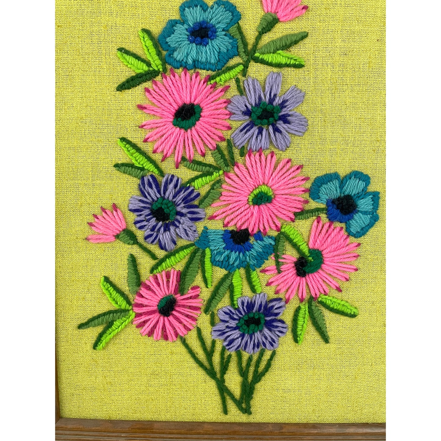 VTG Crewel Embroidery Bright Floral Framed 70's MCM Fiber Wall Art 22"X 26"