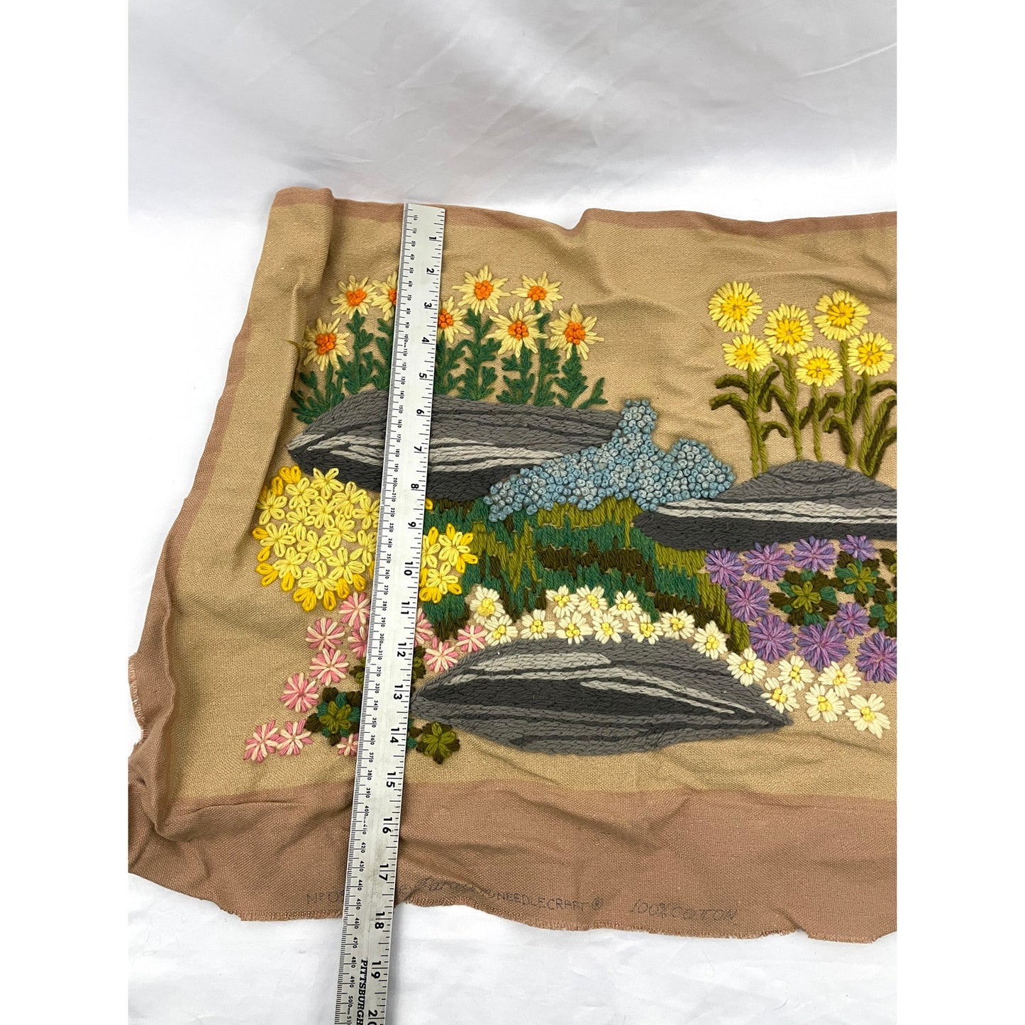 VTG Crewel Flowers Needlecraft Embroidered Wall Art 18"x23" 70s Unframed Paragon