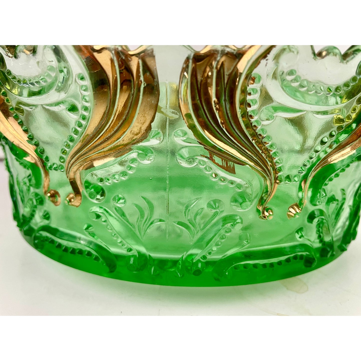 VTG Idyll Pattern Jefferson Pressed Glass Bowl Green Gold Accent