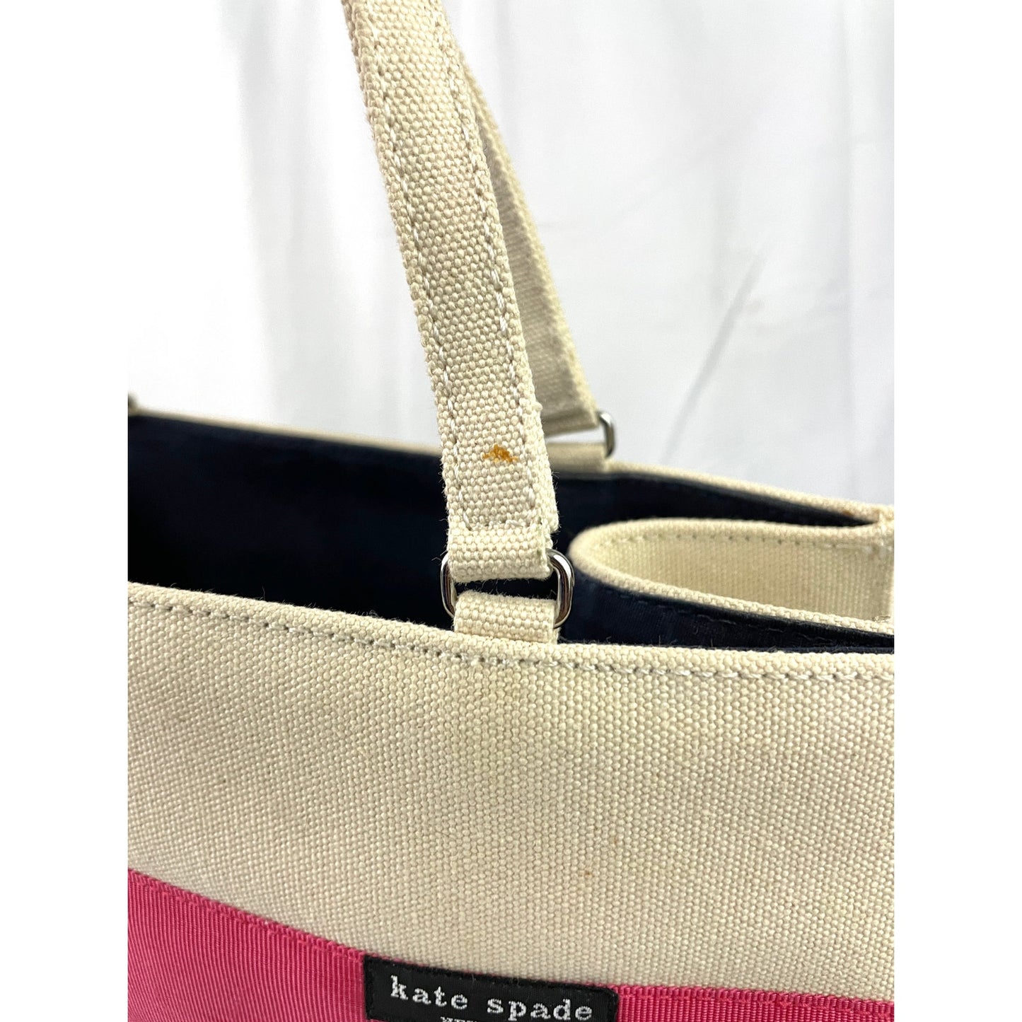 VTG Kate Spade Tote Bag Beige Pink Canvas Handbag Solid Stripe