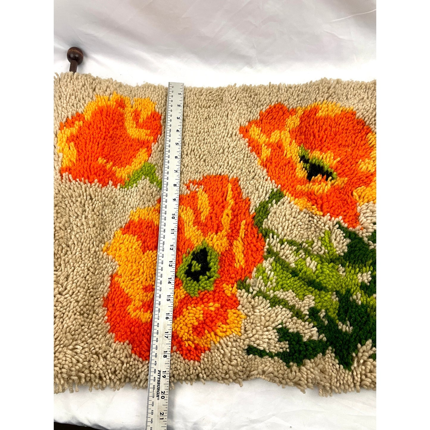 VTG Orange Poppies Latch Hook Rug Wall Hanging Artwork Flowers 19"x26" Handmade