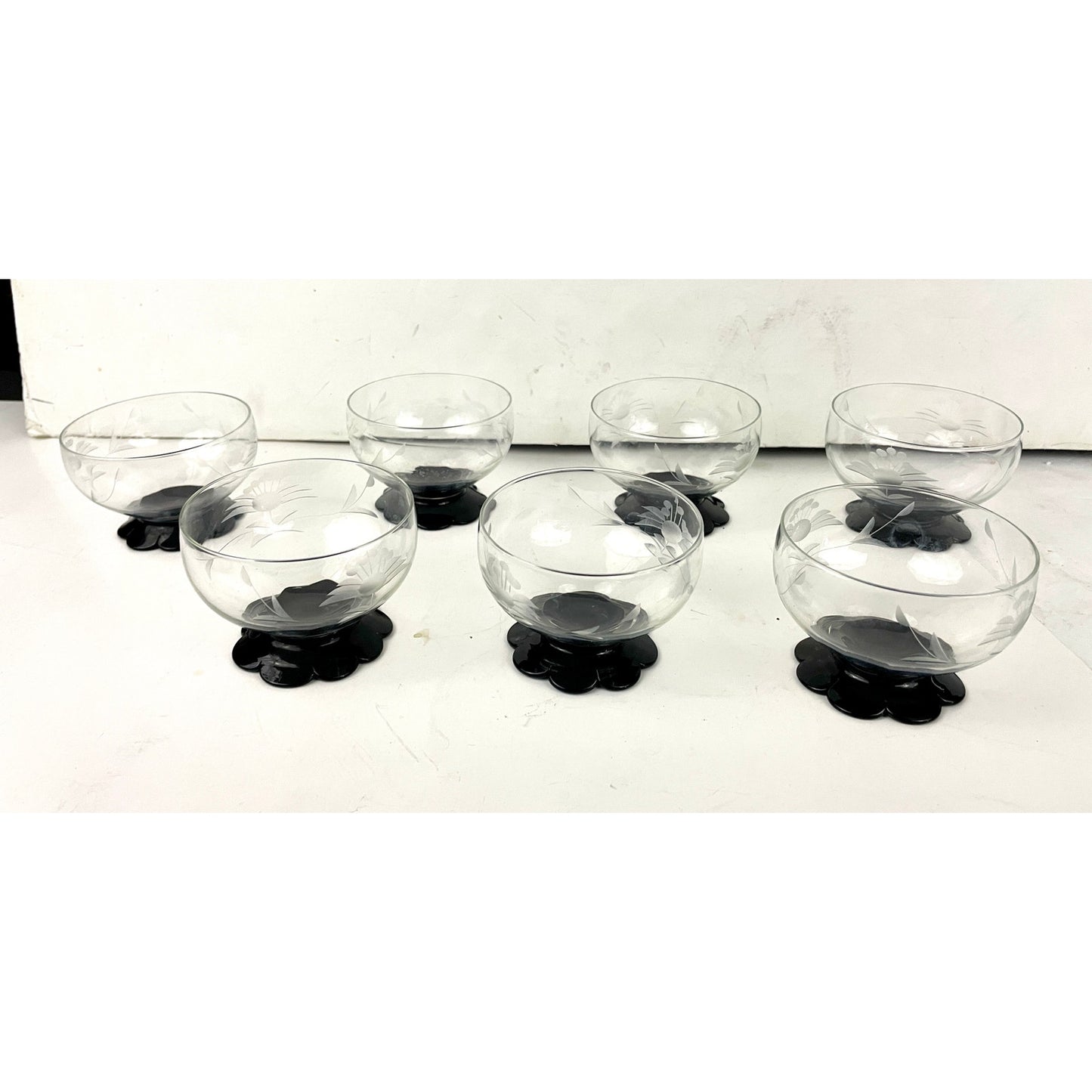 VTG Weston Etched  Floral Lily Pad Black Footed Sherbet Parfait Glasses Set of 7