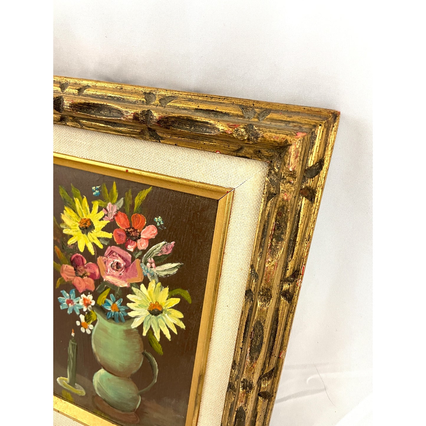 VTG Flower Vase Oil Painting Artist Signed Wood Framed MCM 70s Original OOAK