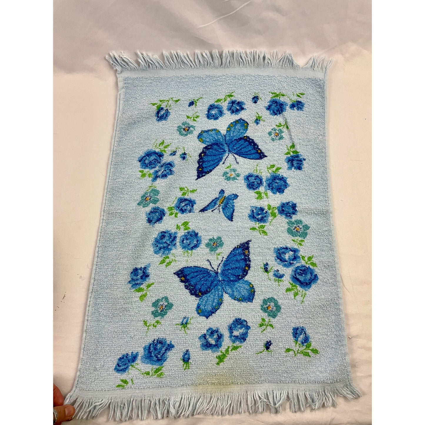 VTG Lot 4 Retro Floral Blue Hand Towels Dundee Fieldcrest 60s 70s Fringe