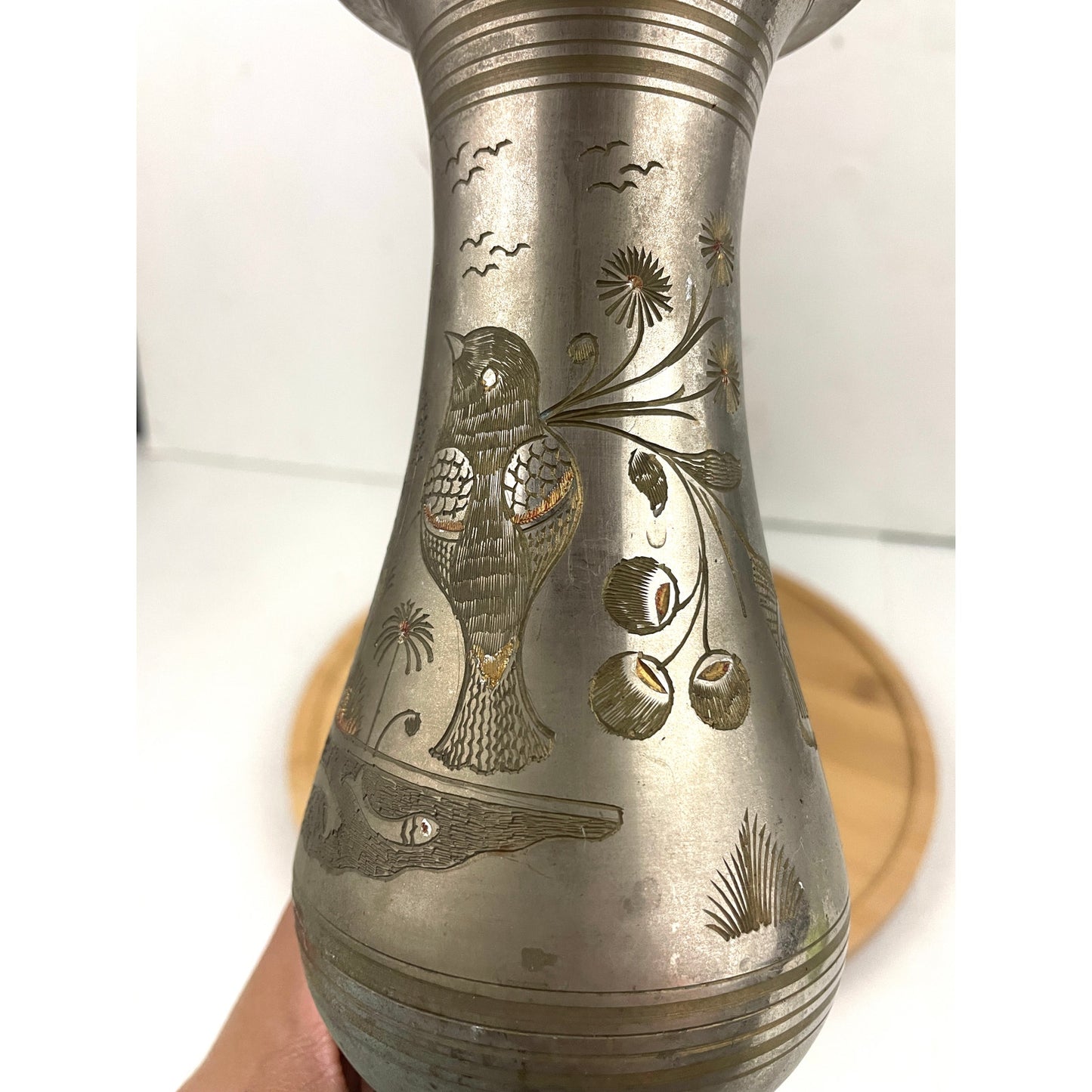 VTG Silver Tone Metal Middle Eastern Vase With Etching 8" Tall Birds Fish