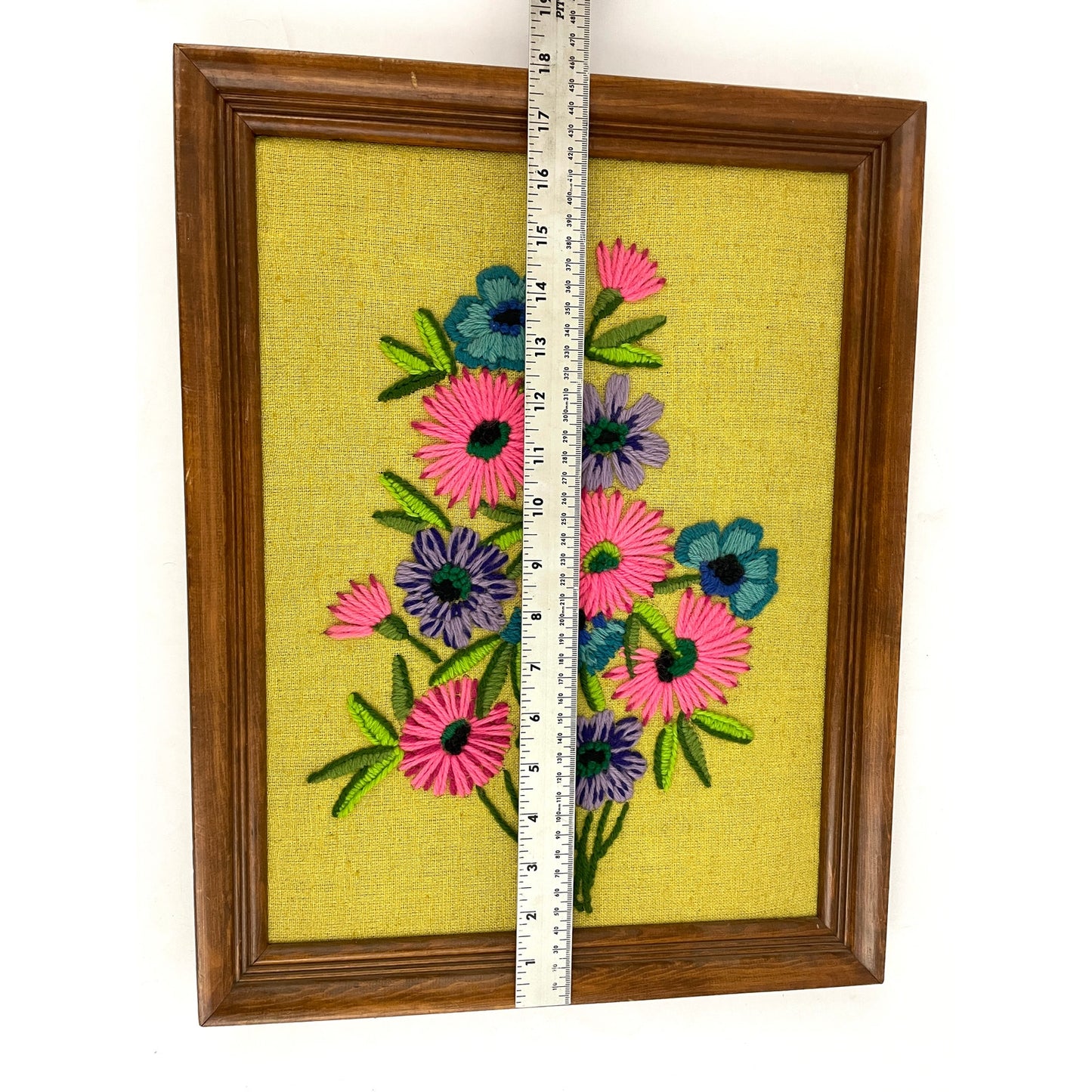 VTG Crewel Embroidery Bright Floral Framed 70's MCM Fiber Wall Art 22"X 26"