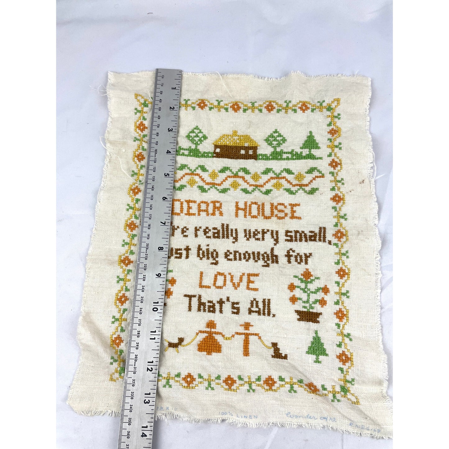 VTG Cross Stitch Dear House Youre Really Very Small LOVE Fiber Art 1970s Linen