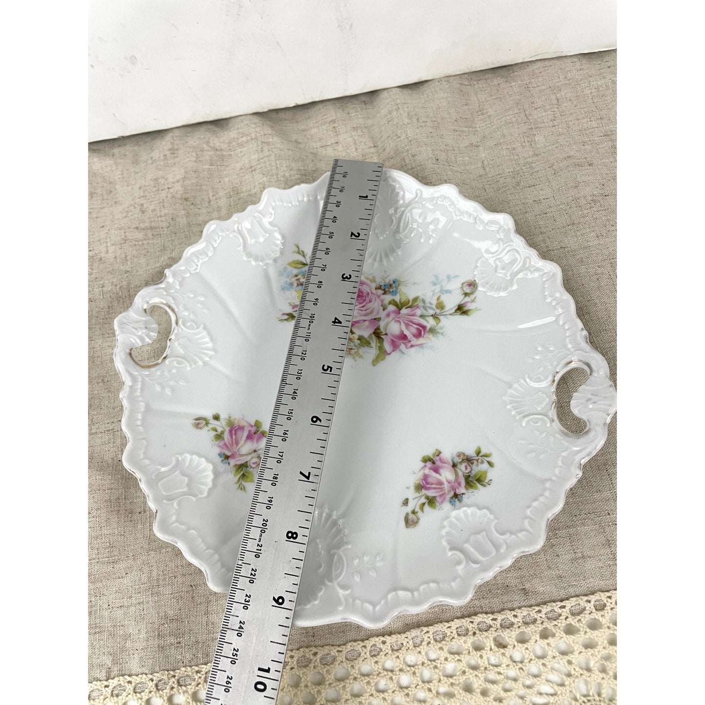 VTG Porcelain Pink Roses Floral Serving Plate With Handles Embossed Shabby Chic