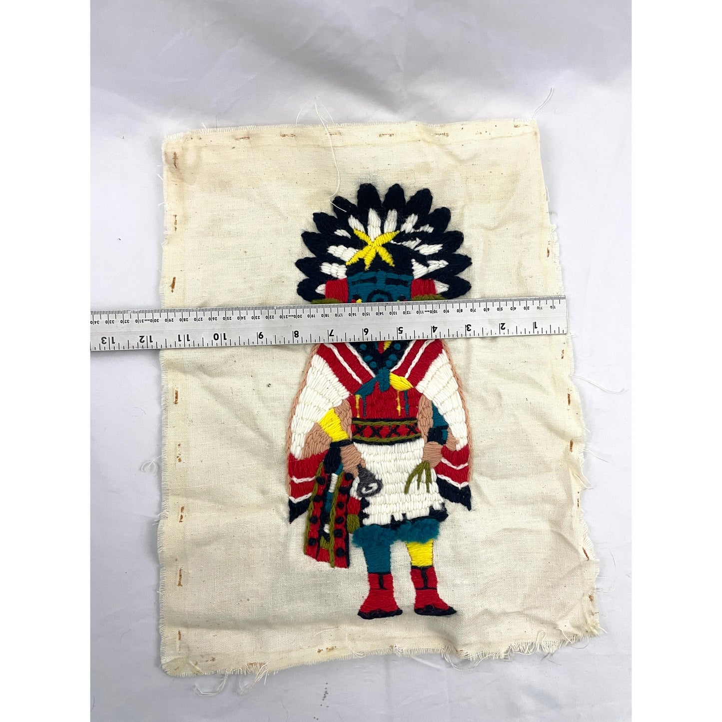 VTG Crewel Native Kachina 70s Needlecraft Hand Embroidered Art 12"x15" Unframed