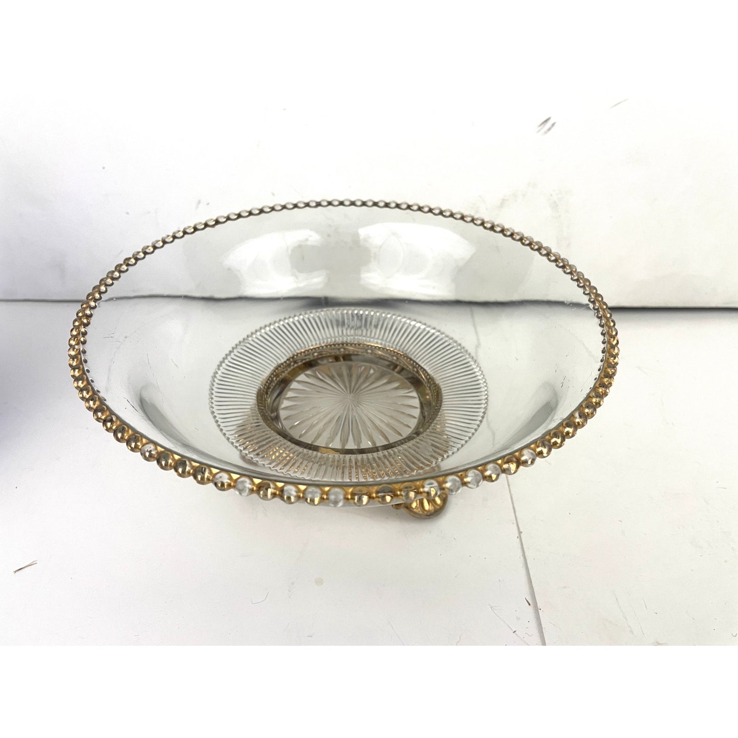 VTG Three Footed Clear Cut Pressed Glass Bowl Gold 3D Embossed Trim