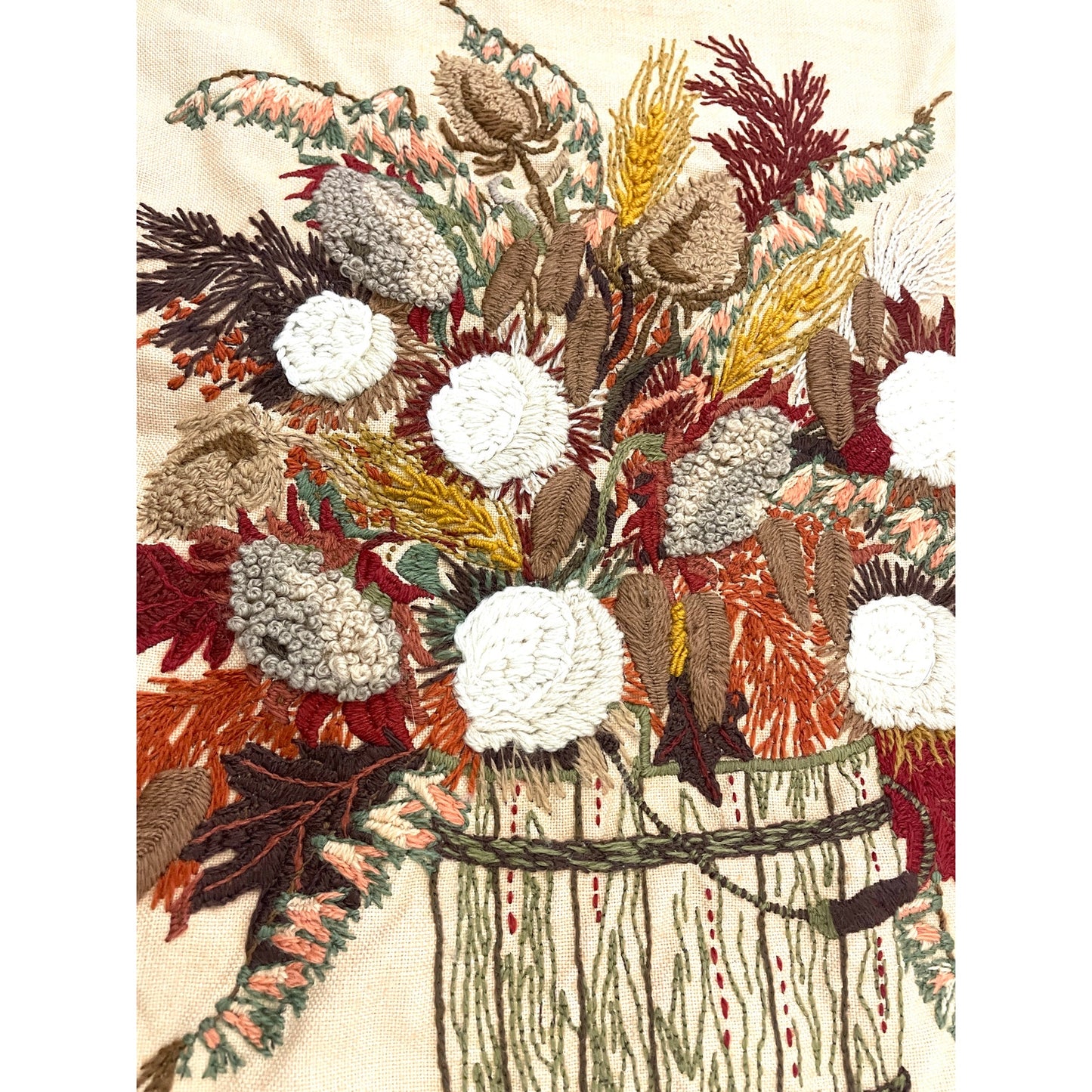 VTG Crewel Fall Bouquet 80s Needlecraft Hand Embroidered Wall Art 19"x21"