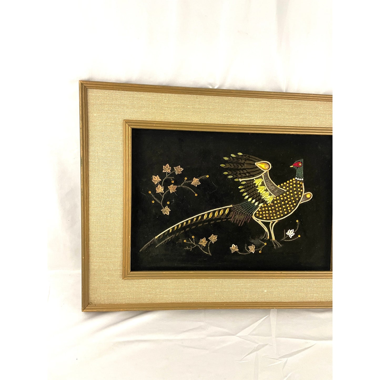 VTG Pheasant Bird Black Velvet Felt Beaded Rhinestones Art Wooden Frame MCM