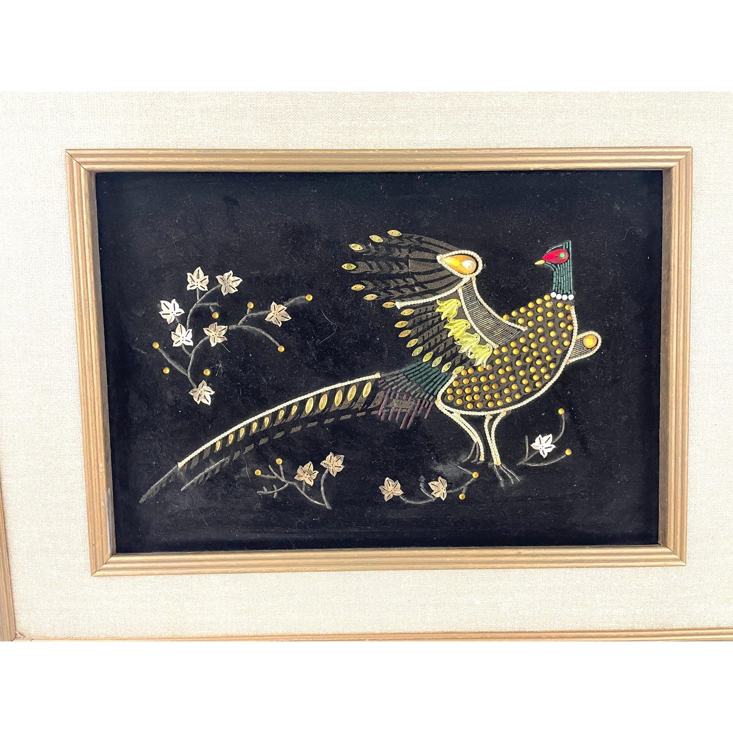 VTG Pheasant Bird Black Velvet Felt Beaded Rhinestones Art Wooden Frame MCM