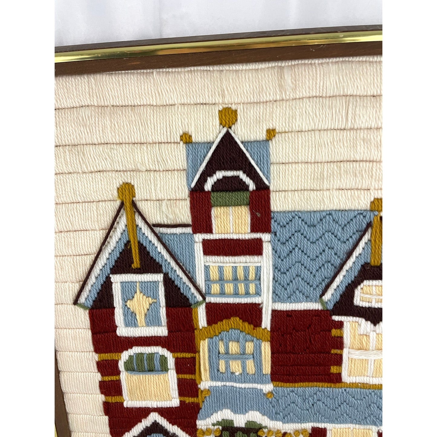 VTG Bernat Victorian Home Framed Needlepoint Crewel Wall Art 17"x21" Handmade