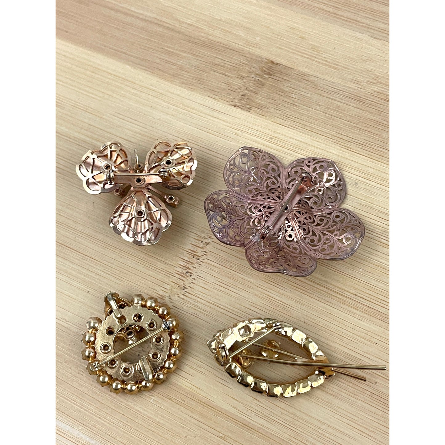 VTG 4x Brooch Pin Lot Filigree Amber Floral Prong 3D Gold Tone Bronze 1960s