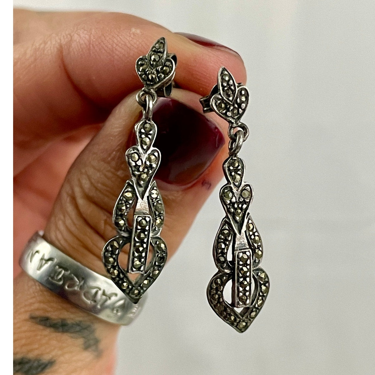 VTG Marcasite and Sterling Silver 925 Dangle Earrings Unique Rare Stamped