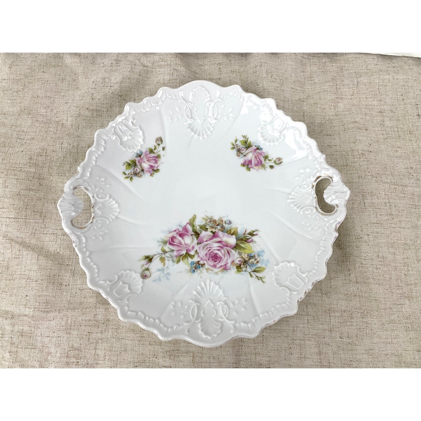 VTG Porcelain Pink Roses Floral Serving Plate With Handles Embossed Shabby Chic