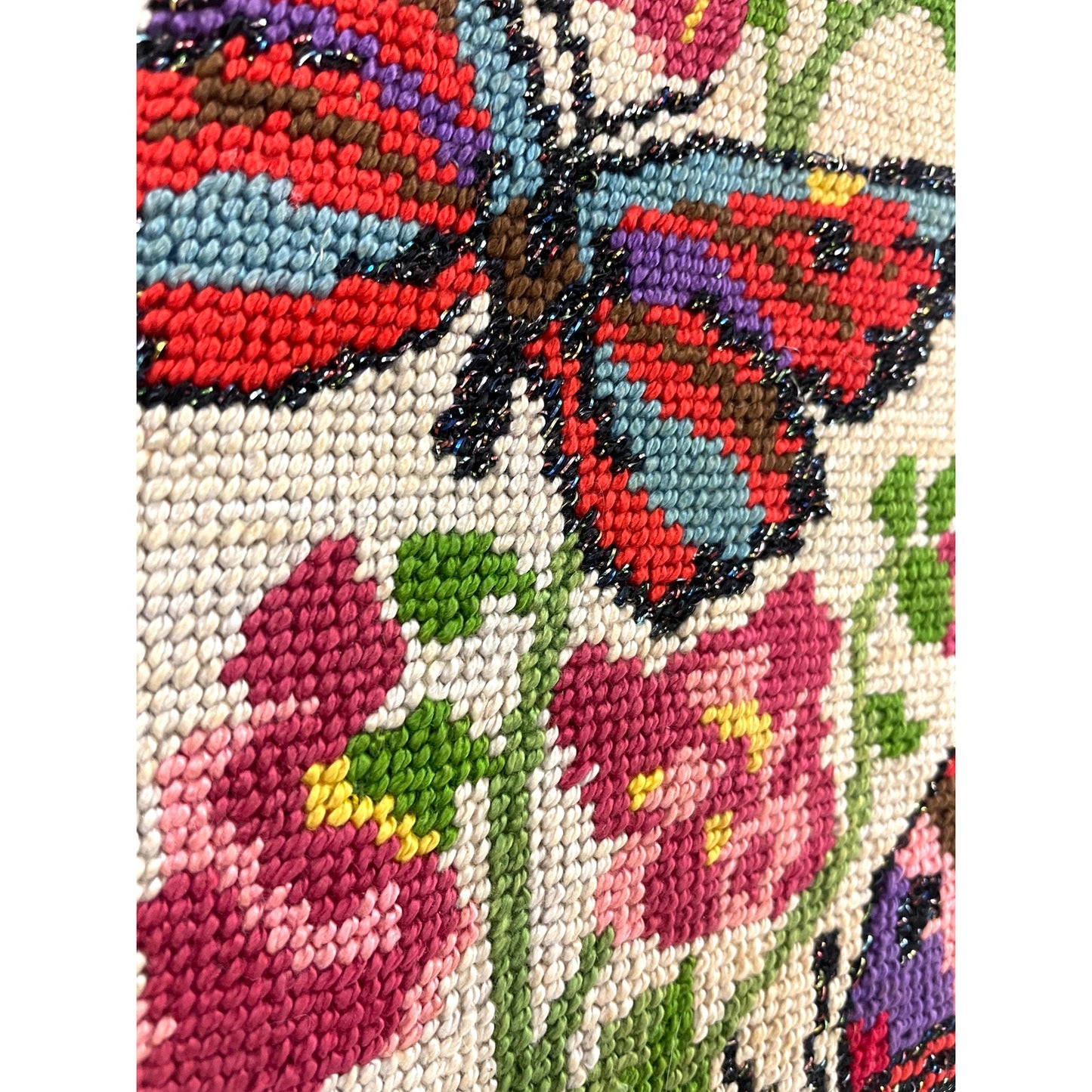 VTG 70's Butterflies Embroidered Needlepoint Flowers MCM Fiber Art 7.5" x 19"