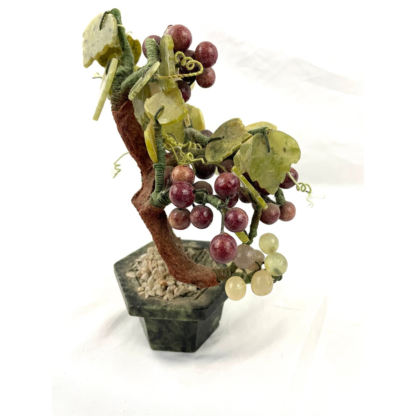 VTG Green Jade Carved Leaves Grapes Berries Fruit Faux Bonsai Tree 8" Tall