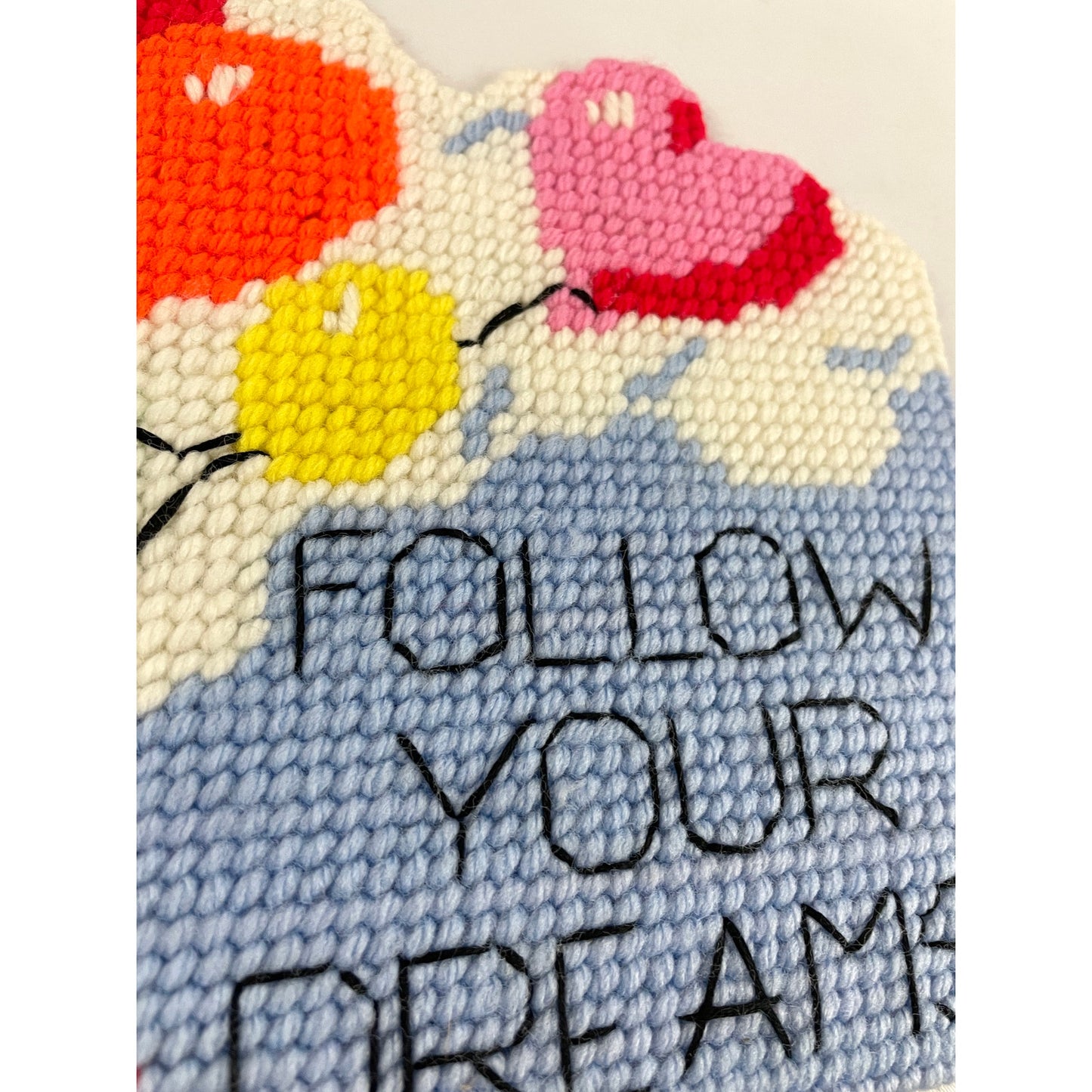 VTG 80's Rainbow Balloons Follow Your Dreams Cross Stitch Wall Art 10"x7" MCM