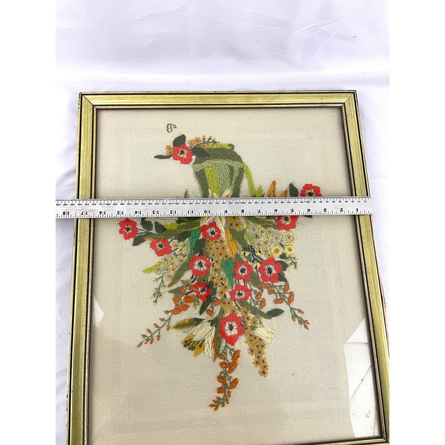 VTG Crewel Flowers Vase Needlecraft Embroidered Framed Wall Art 17.5"x21.5" 70s