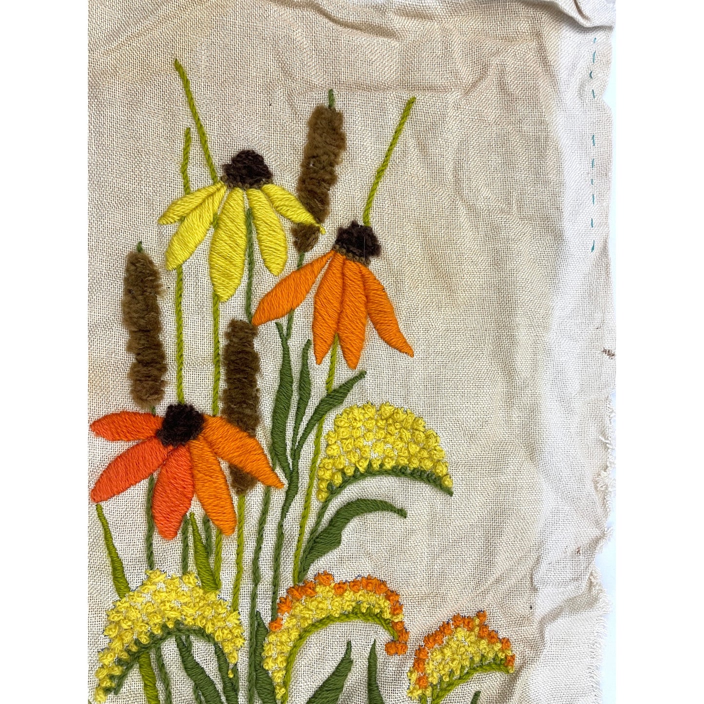 VTG Crewel Wildflowers Floral Embroidered Fiber Wall Art 15"x25" MCM 1970s