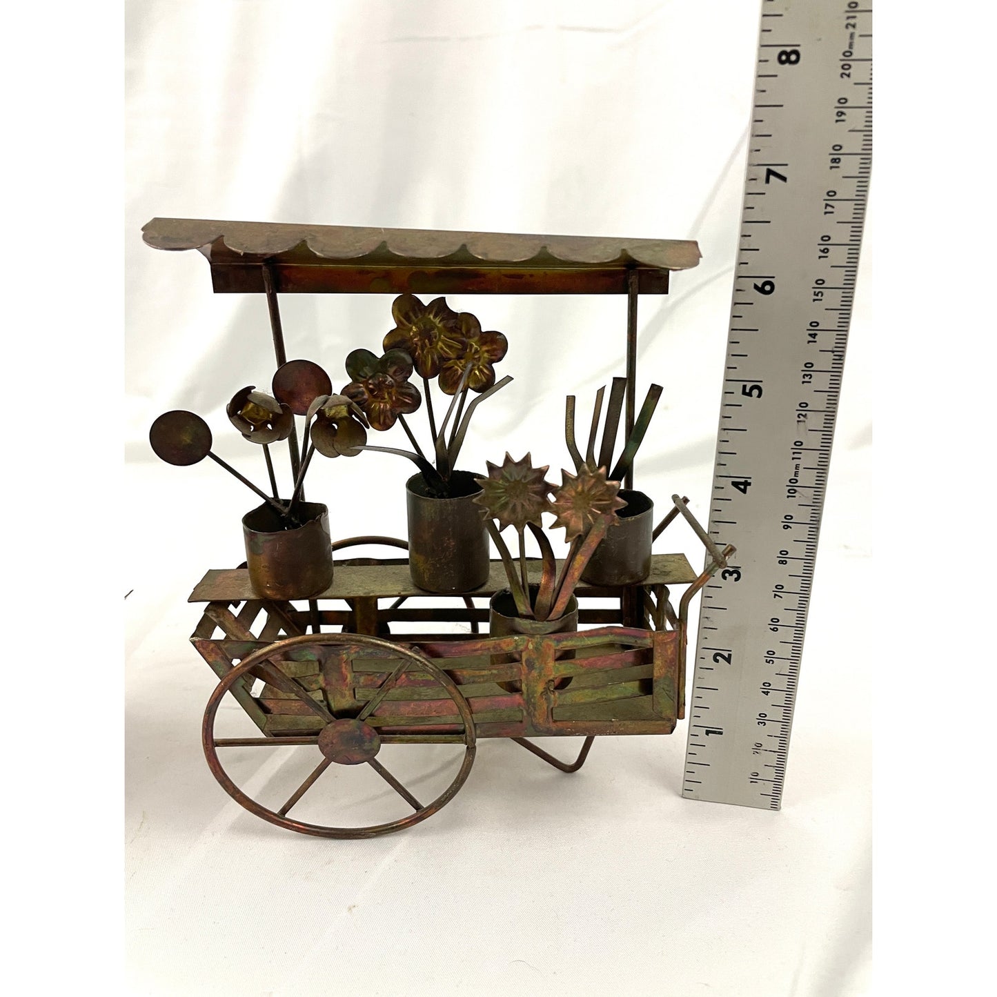 VTG Lot of 2 Copper Market Wagon Metalware Decor Flower Cart Farmers Sculpture