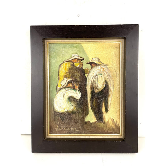 VTG Men Talking Together Oil Canvas Painting Framed Signed A. Enriquez 15"x18"