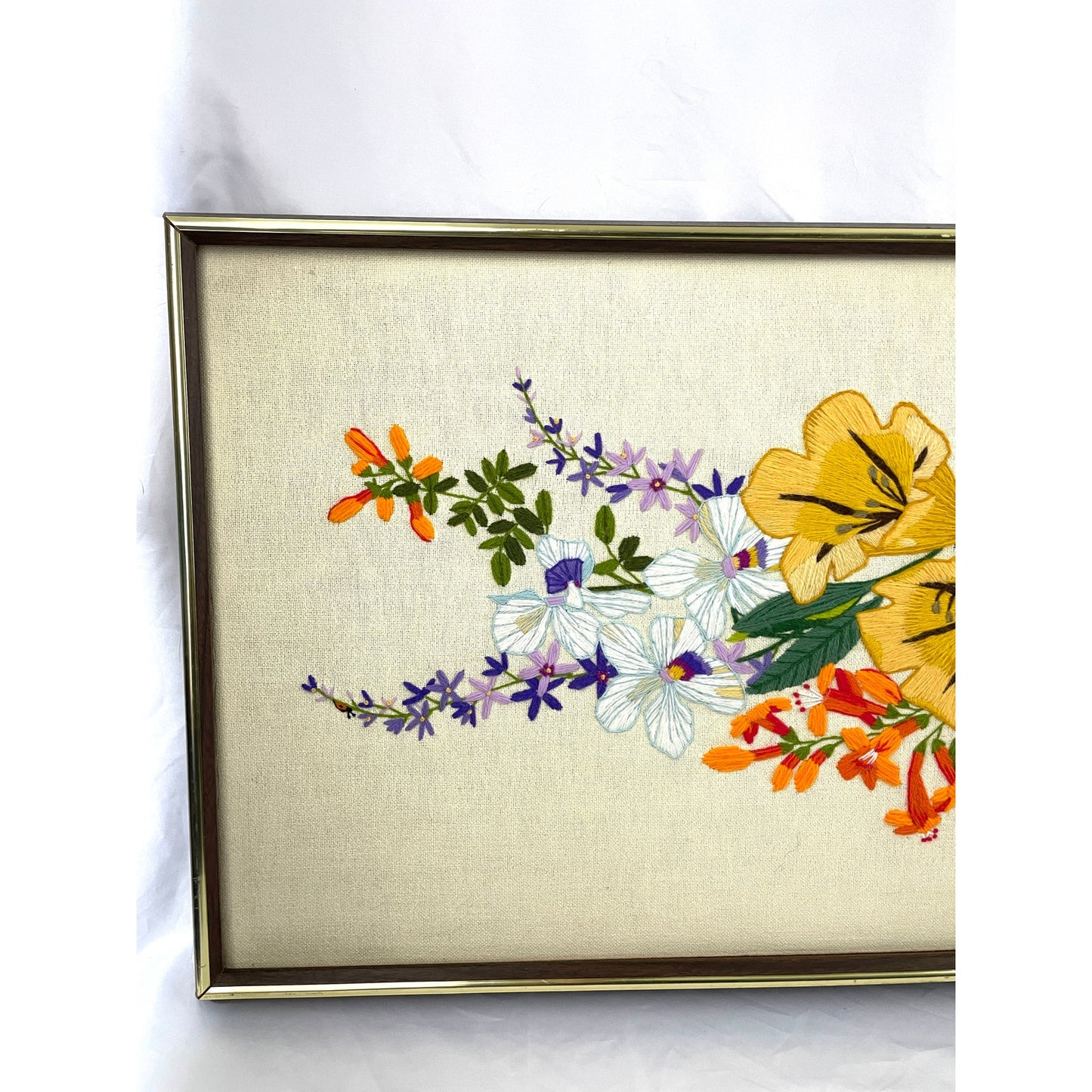 VTG Crewel Wildflowers Floral Embroidered Fiber Wall Art 16.5"x43" MCM 1970's