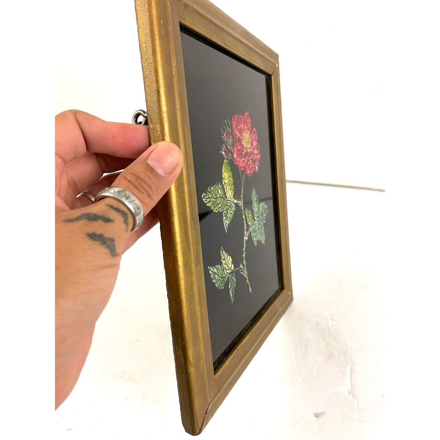 VTG Folk Art Tinsel Foil Reverse Artwork Framed 70s Red Rose 7"x9"