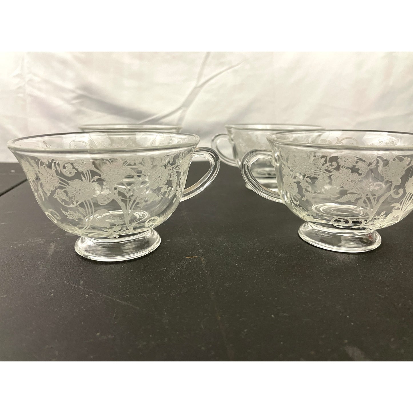 VTG Set of 4 Cambridge Clear Crystal Glass Rose Point Tea Cups Etched MCM