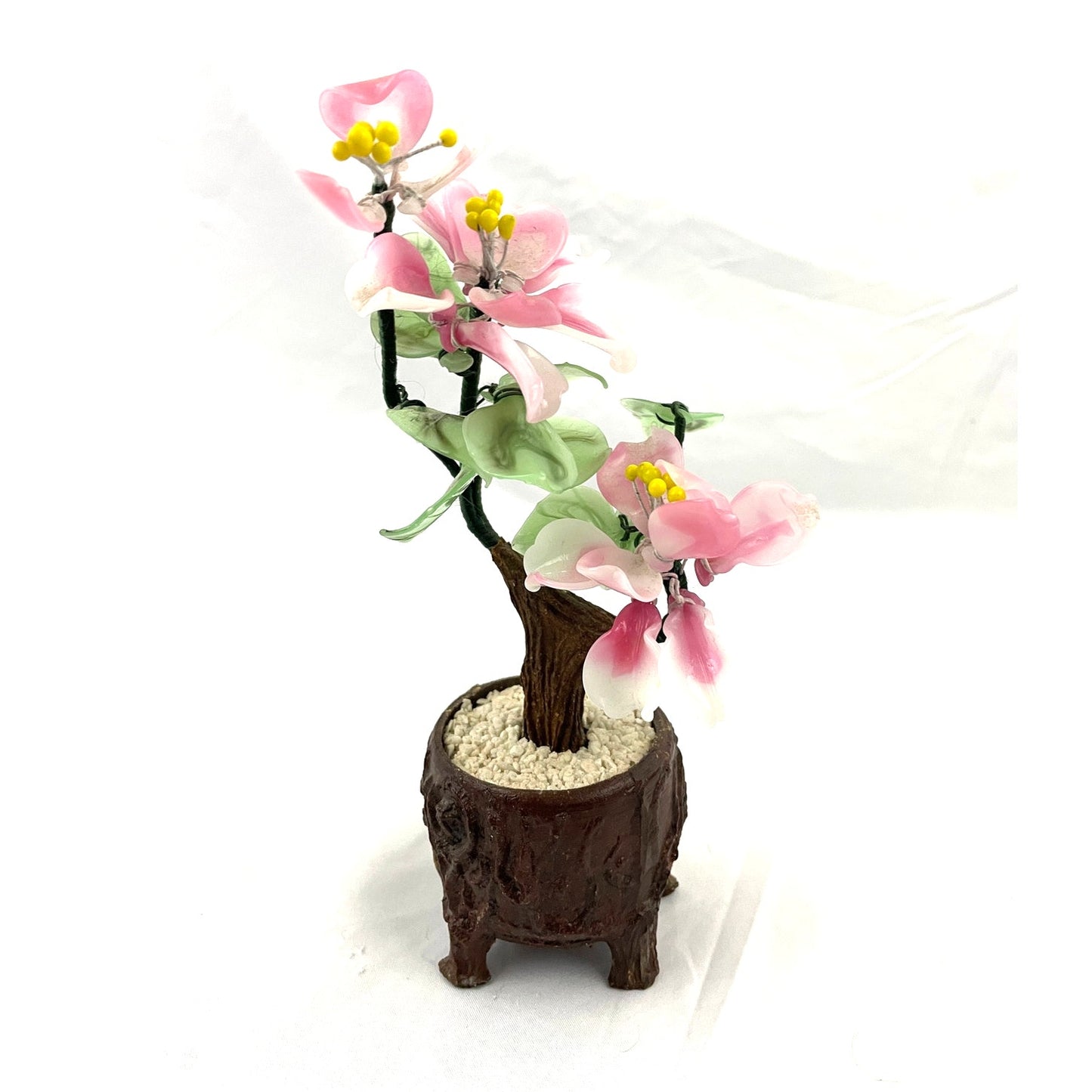 VTG Pink Cherry Blossom Jade Carved Leaves Faux Bonsai Tree 8" Tall