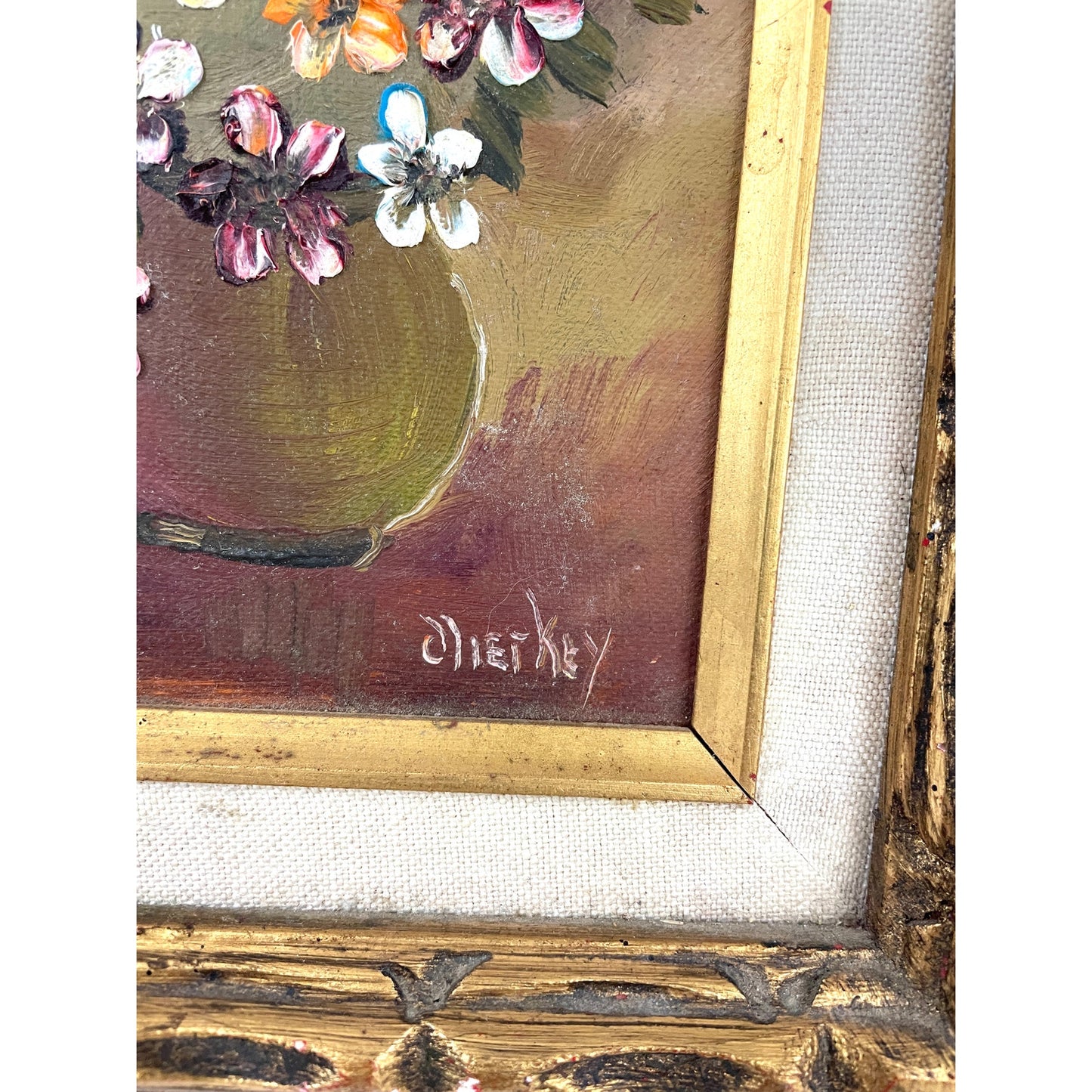 VTG Original Oil Painting Artist Signed Flower Vase Wood Framed MCM 70s