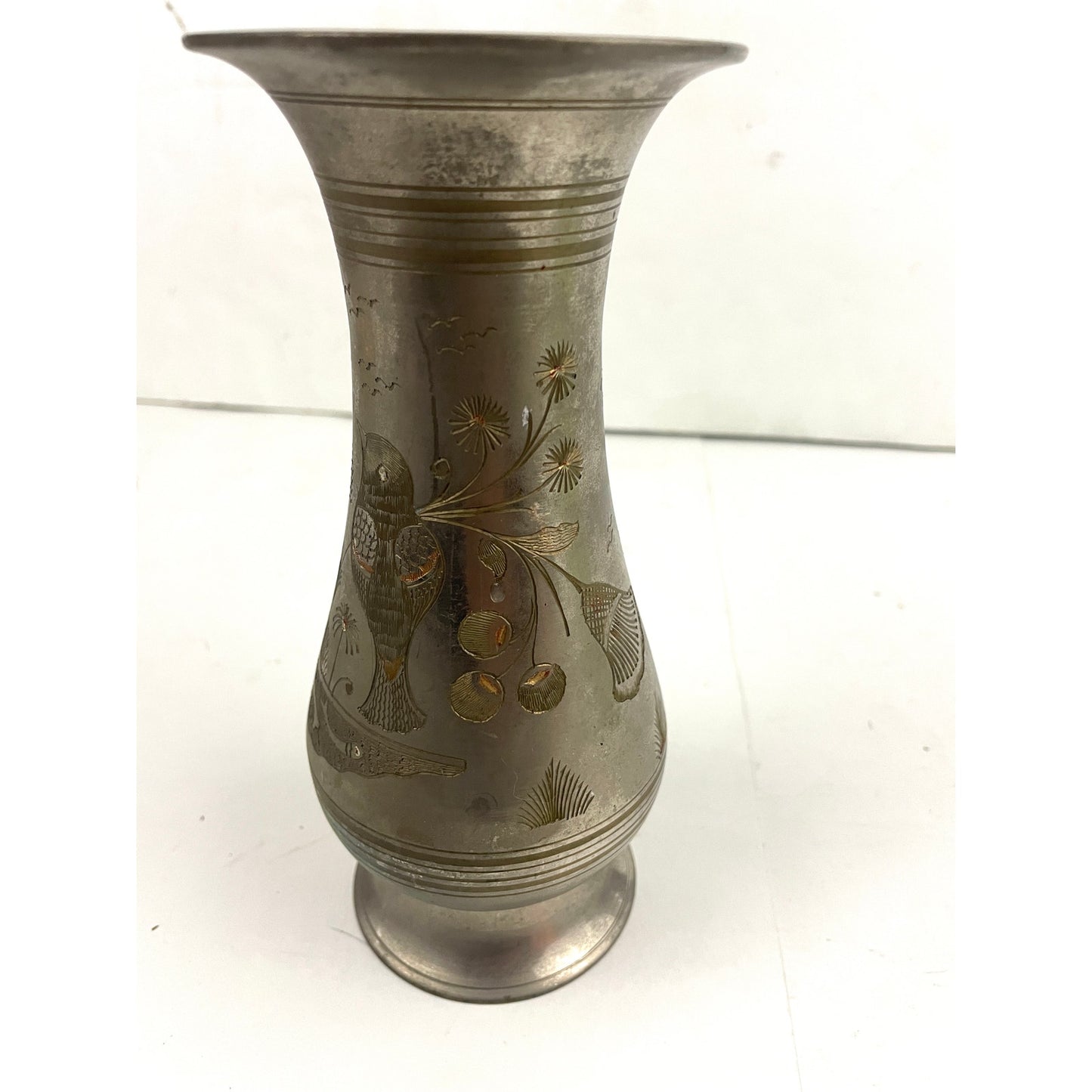 VTG Silver Tone Metal Middle Eastern Vase With Etching 8" Tall Birds Fish