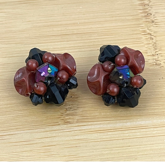 VTG Brown Black  Beaded Cluster Clip On Earrings Brass Germany 1960s