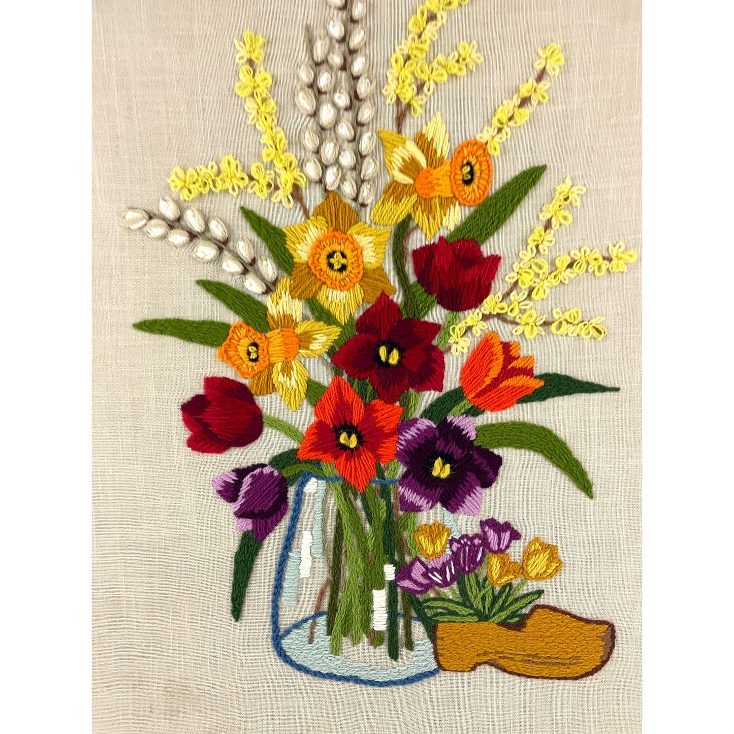 VTG Crewel Floral Vase Needlepoint 70's Fiber Wall Art Embroidered MCM Paragon