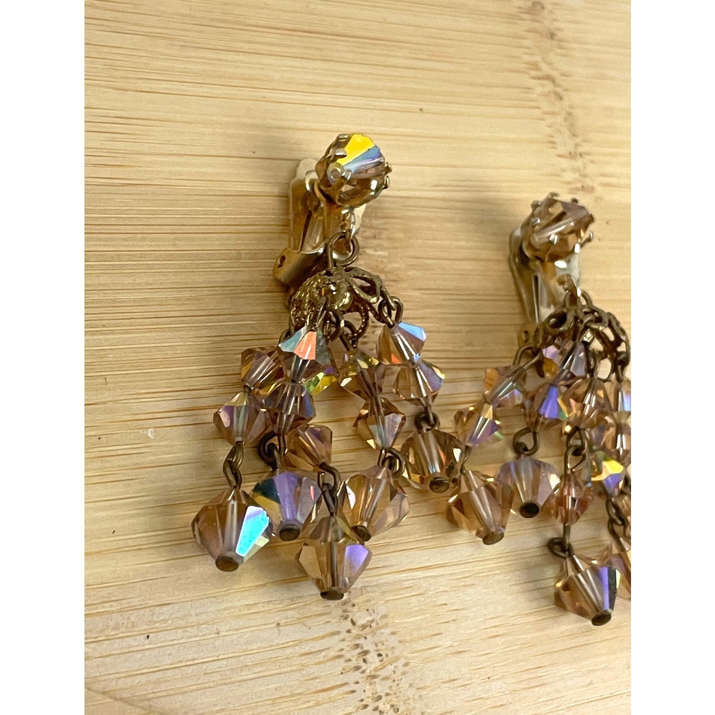 VTG Crystal Chandelier Clip On Earring Brown Iridescent Beaded Dangle 2" Long