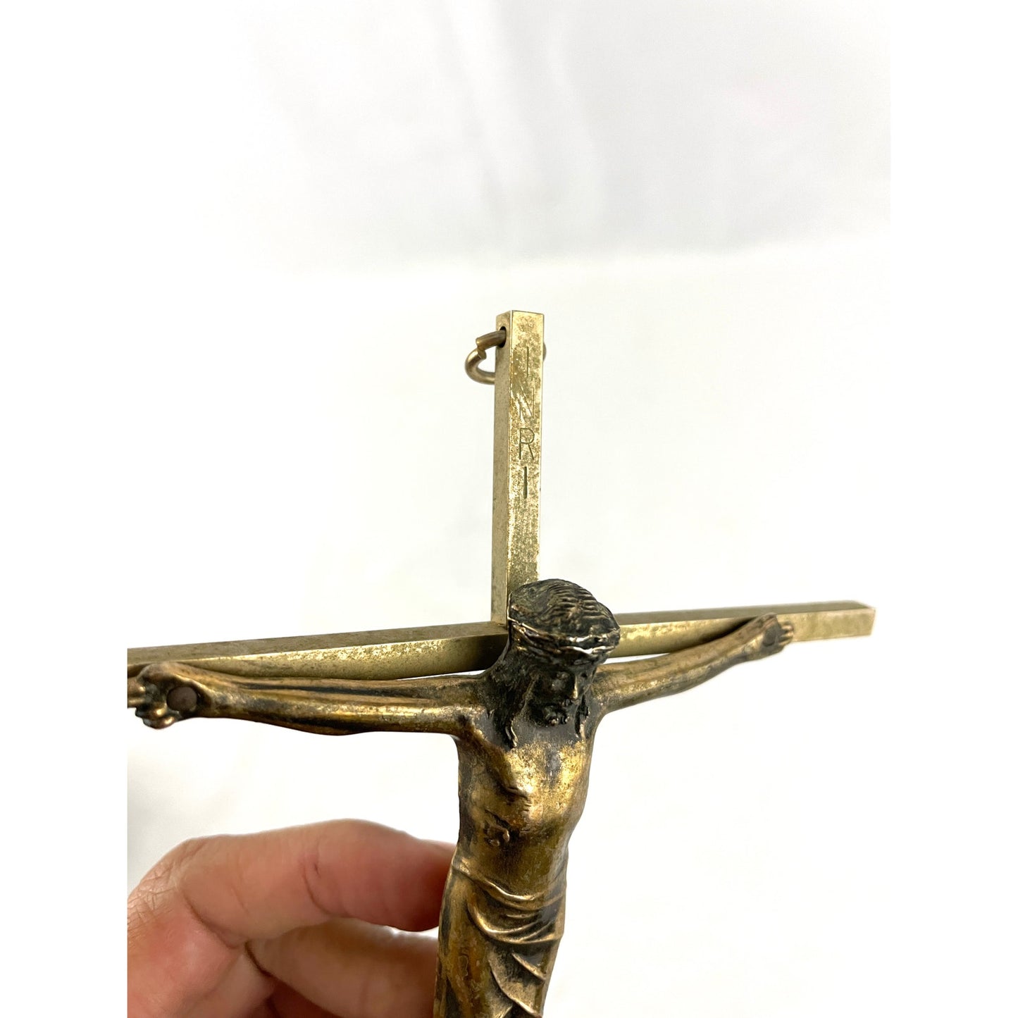 VTG Brass Crucifix Cross Jesus Christ Wall Hanging Engraved INRI Religion 9"