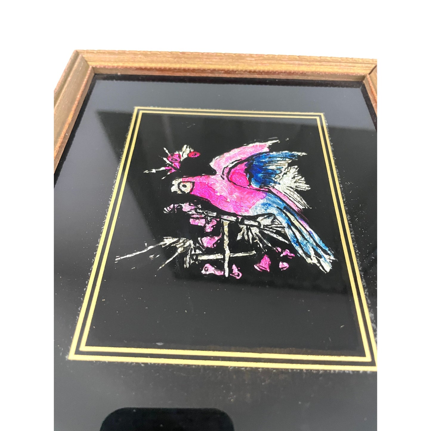 VTG Folk Art Tinsel Foil Reverse Artwork Framed 70s Parrot Bird 6.5"x8"