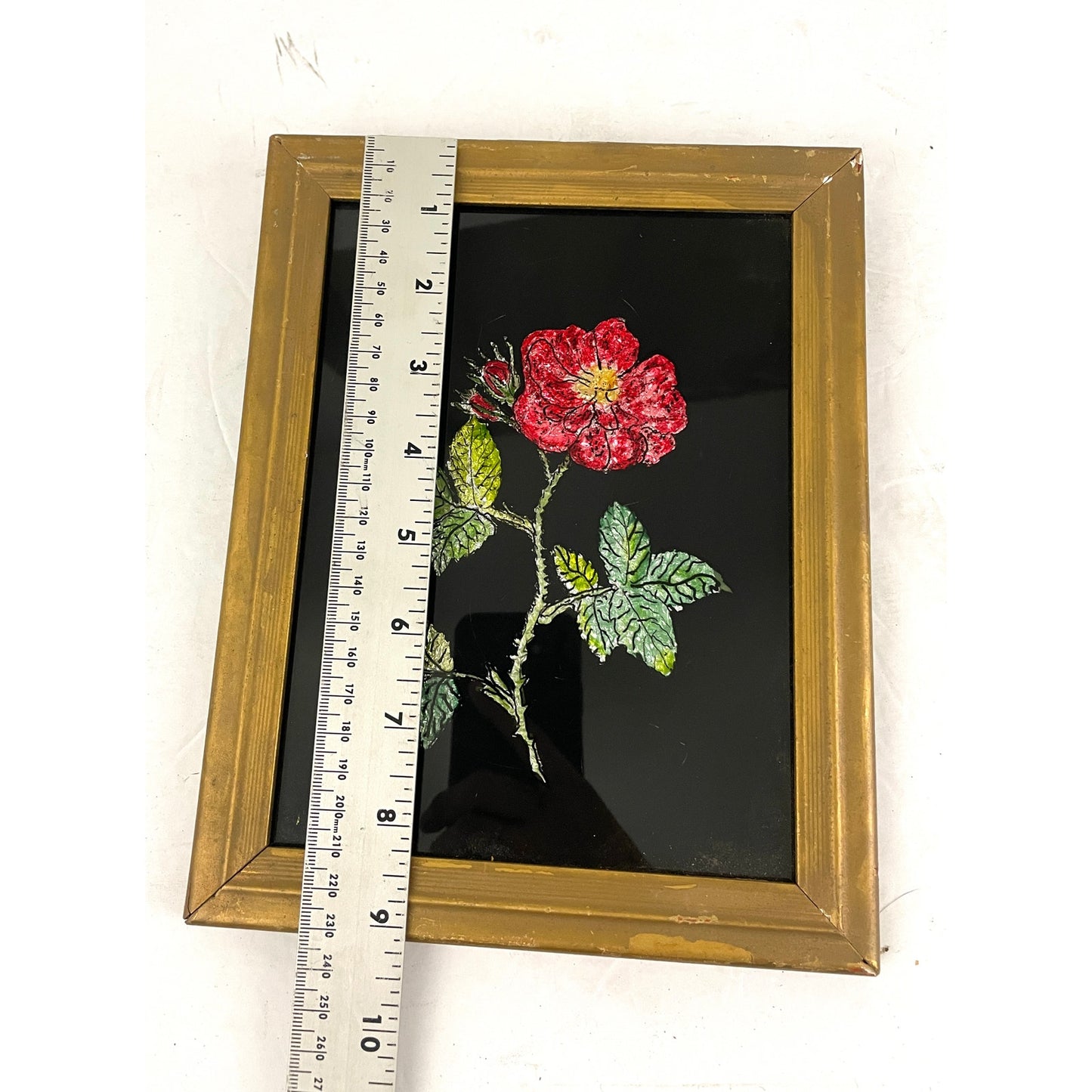 VTG Folk Art Tinsel Foil Reverse Artwork Framed 70s Red Rose 7"x9"