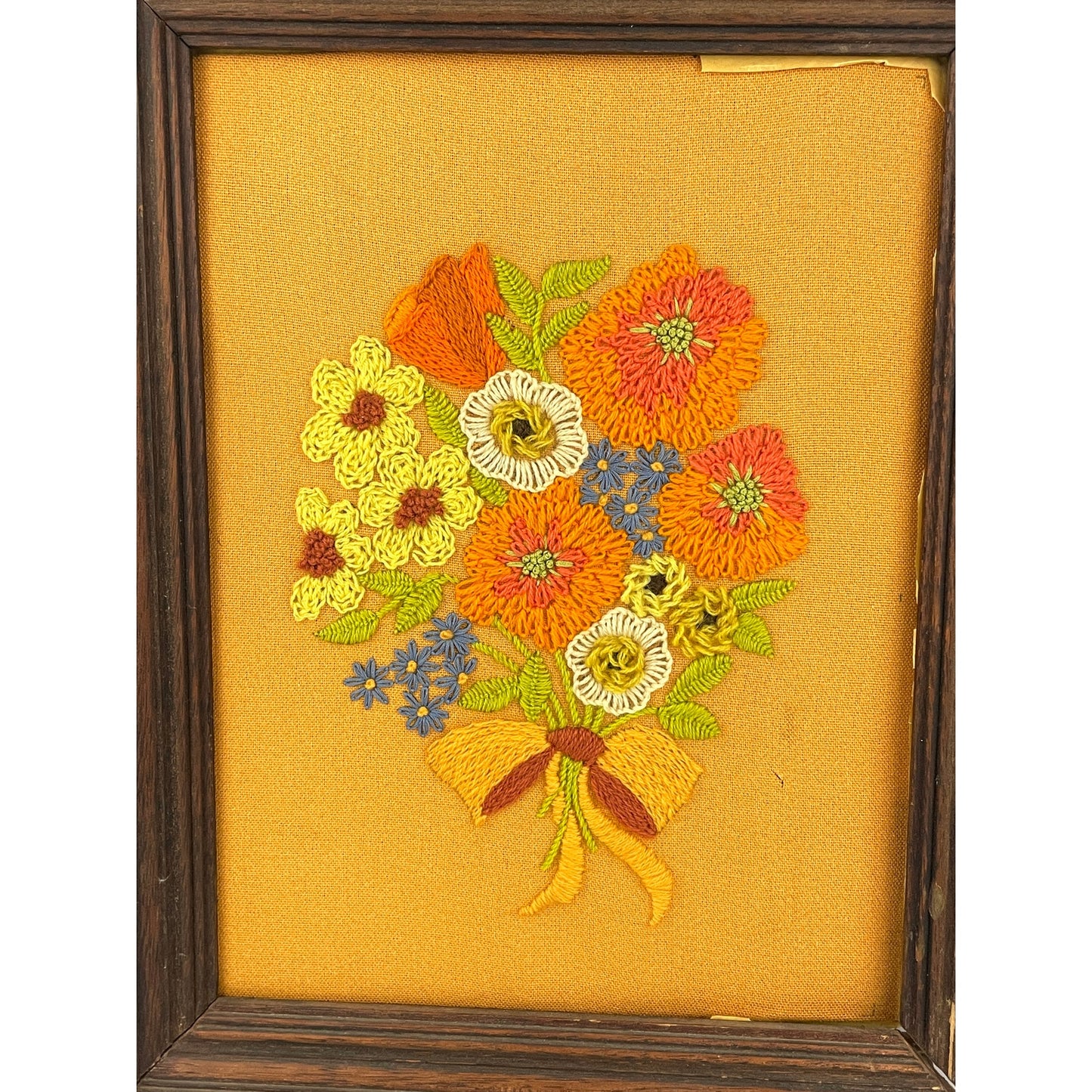 VTG Crewel Flowers Bouquet Needlecraft Embroidered Framed Wall Art 14.5"x18" 70s