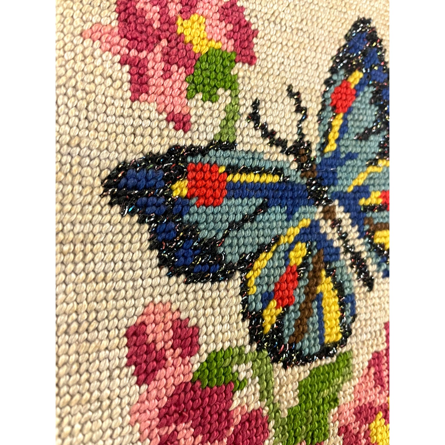 VTG 70's Butterflies Embroidered Needlepoint Flowers MCM Fiber Art 7.5" x 19"